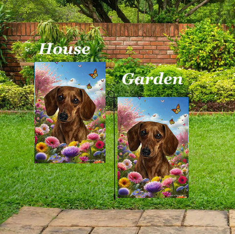 Dachshund Red Smooth - Best of Breed  Spring Butterflies Outdoor House and Garden Flag