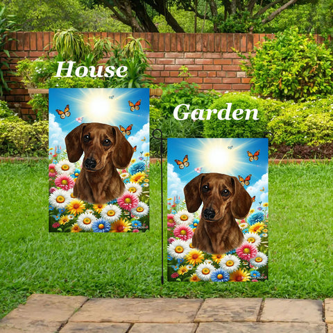 Dachshund Red Smooth - Best of Breed  Summer Butterflies Outdoor House and Garden Flag