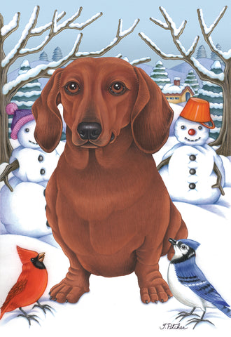 Dachshund  Red - Best of Breed Tomoyo Pitcher Winter Snowman Garden Flag 12" x 17"