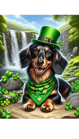 Dachshund Black/Tan Longhair - Best of Breed DCR Saint Patricks Day Day Outdoor House and Garden Flag