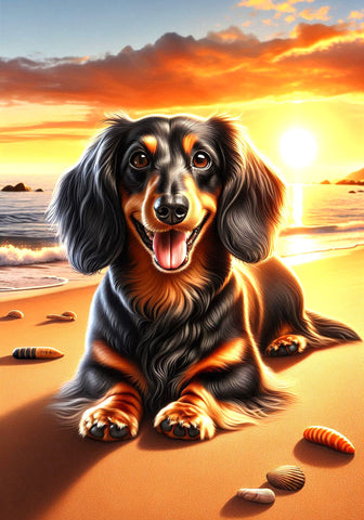 Dachshund Black/Tan Longhair - Best of Breed DCR Summer Sunset Outdoor House and Garden Flag