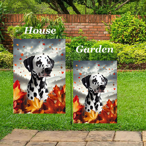 Dalmatian Black/White - Best of Breed  Fall Leaves Outdoor House and Garden Flag