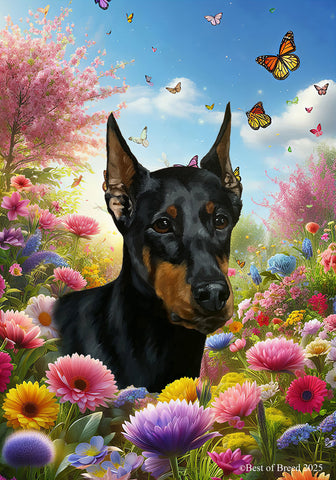 Doberman Black/Tan  Cropped - Best of Breed  Spring Butterflies Outdoor House and Garden Flag