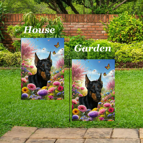 Doberman Black/Tan  Cropped - Best of Breed  Spring Butterflies Outdoor House and Garden Flag