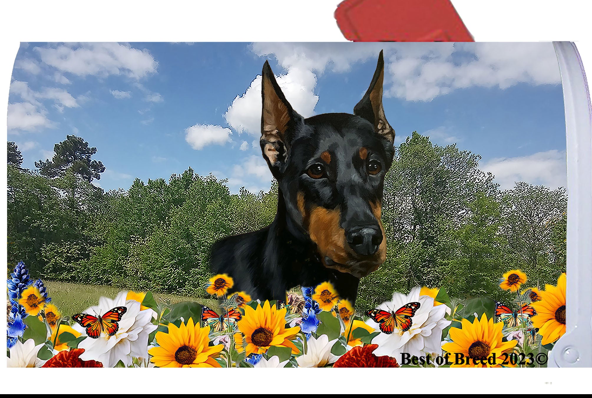 Doberman Black/Tan Cropped - Best of Breed Summer Flowers Mailbox Cove