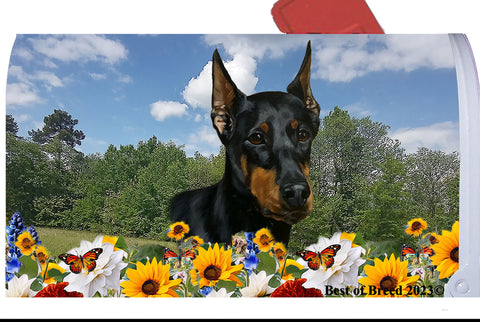 Doberman Black/Tan  Cropped - Best of Breed Summer Flowers Mailbox Cover Hi-Grade Vinyl 6" x 19"