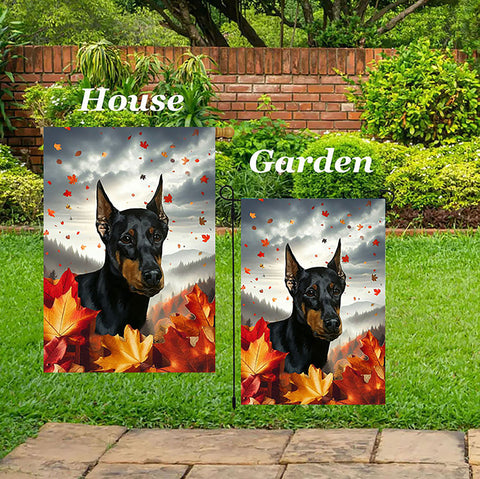 Doberman Black/Tan  Cropped - Best of Breed  Fall Leaves Outdoor House and Garden Flag