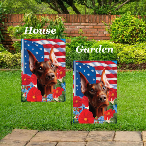 Doberman Red Cropped  - Best of Breed  Patriotic I All-American Outdoor House and Garden Flag
