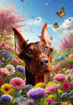 Doberman Red Cropped  - Best of Breed  Spring Butterflies Outdoor House and Garden Flag