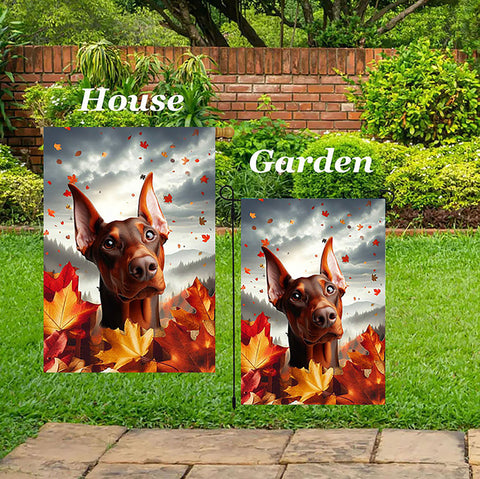 Doberman Red Cropped  - Best of Breed  Fall Leaves Outdoor House and Garden Flag