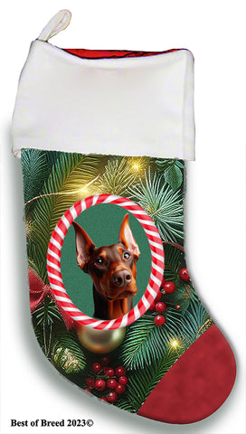 Doberman Red Cropped  - Best of Breed  Christmas Stocking 13.5"  Red Gaming Cloth with Red Lining ,Plush White Cuff