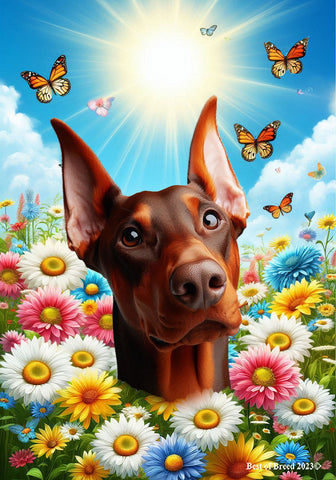 Doberman Red Cropped  - Best of Breed  Summer Butterflies Outdoor House and Garden Flag