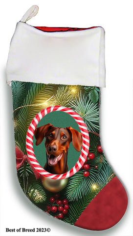 Doberman Red Uncropped  - Best of Breed  Christmas Stocking 13.5"  Red Gaming Cloth with Red Lining ,Plush White Cuff
