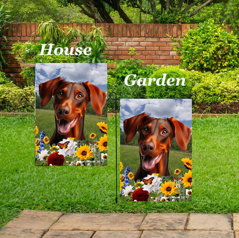Doberman Red Uncropped  - Best of Breed  Summer Fields Outdoor House and Garden Flag