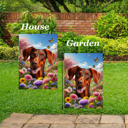 Doberman Red Uncropped  - Best of Breed  Spring Butterflies Outdoor House and Garden Flag