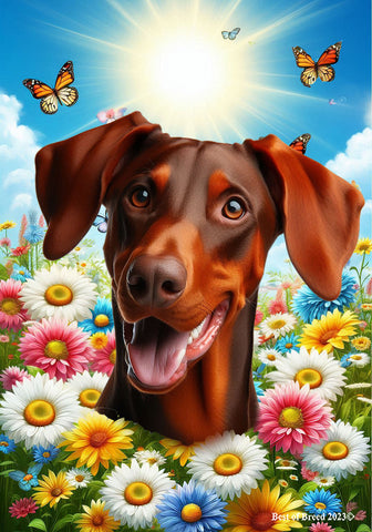 Doberman Red Uncropped  - Best of Breed  Summer Butterflies Outdoor House and Garden Flag