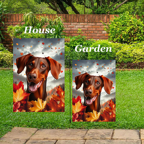 Doberman Red Uncropped  - Best of Breed  Fall Leaves Outdoor House and Garden Flag