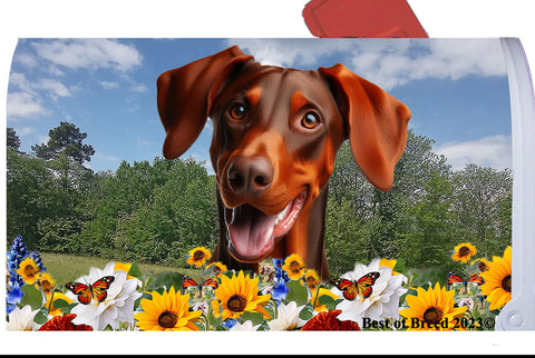 Doberman Red Uncropped  - Best of Breed Summer Flowers Mailbox Cover Hi-Grade Vinyl 6" x 19"