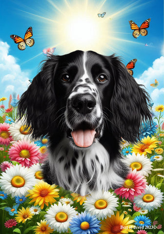 English Setter Black/White -  Best of Breed  Summer Butterflies Outdoor House and Garden Flag
