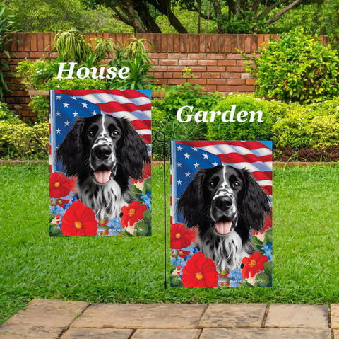 English Setter Black/White -  Best of Breed  Patriotic I All-American Outdoor House and Garden Flag