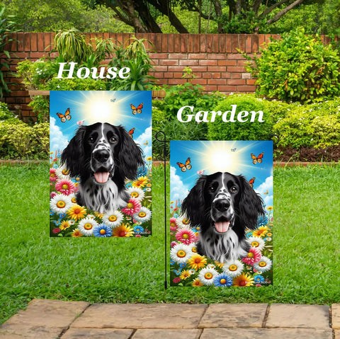 English Setter Black/White -  Best of Breed  Summer Butterflies Outdoor House and Garden Flag