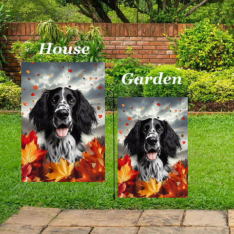 English Setter Black/White -  Best of Breed  Fall Leaves Outdoor House and Garden Flag