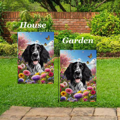 English Setter Black/White -  Best of Breed  Spring Butterflies Outdoor House and Garden Flag