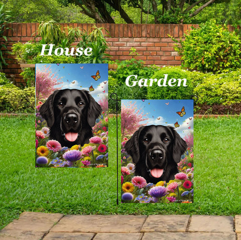 Flat Coated Retriever -  Best of Breed  Spring Butterflies Outdoor House and Garden Flag