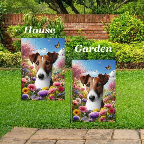 Fox Terrier Brown/BlackWhite - Best of Breed  Spring Butterflies Outdoor House and Garden Flag