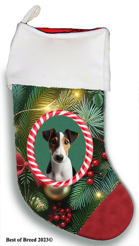 Fox Terrier Tri - Best of Breed  Christmas Stocking 13.5"  Red Gaming Cloth with Red Lining ,Plush White Cuff