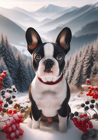 French Bulldog Black and White - Best of Breed DCR Winter Berries Outdoor House and Garden Flag