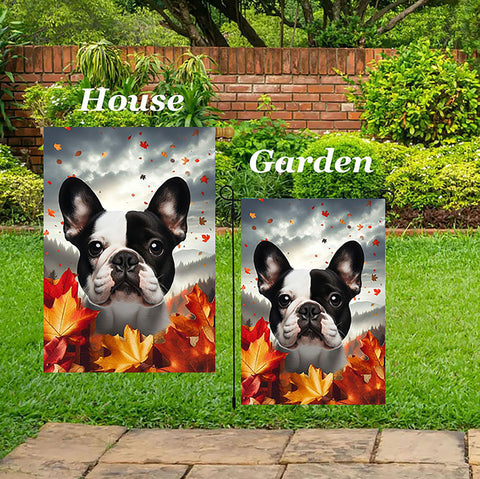 French Bulldog White/Black - Best of Breed  Fall Leaves Outdoor House and Garden Flag