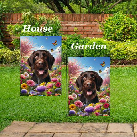 German Wirehaired Pointer -  Best of Breed  Spring Butterflies Outdoor House and Garden Flag