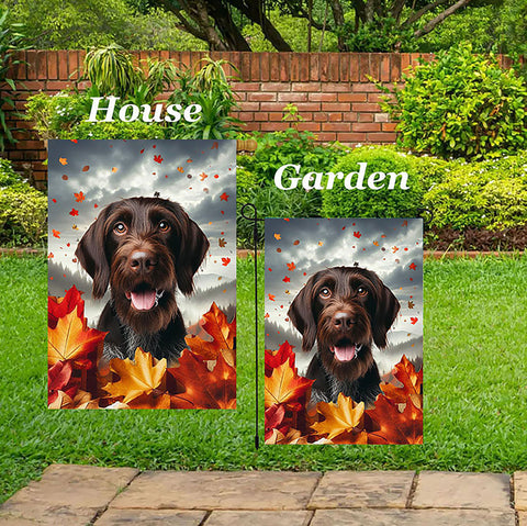 German Wirehaired Pointer -  Best of Breed  Fall Leaves Outdoor House and Garden Flag