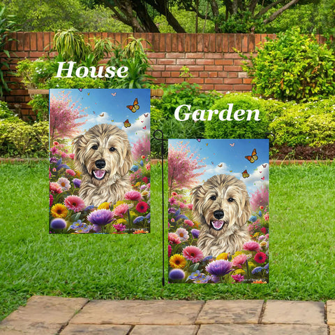 Goldendoodle Blonde - Best of Breed  Spring Butterflies Outdoor House and Garden Flag