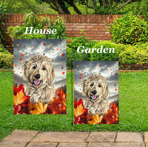 Goldendoodle Blonde - Best of Breed  Fall Leaves Outdoor House and Garden Flag