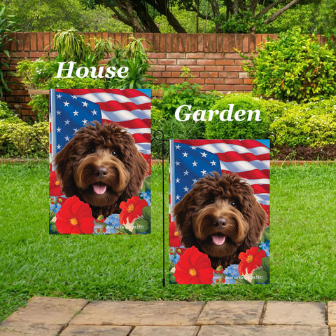 Goldendoodle  Chocolate - Best of Breed  Patriotic I All-American Outdoor House and Garden Flag