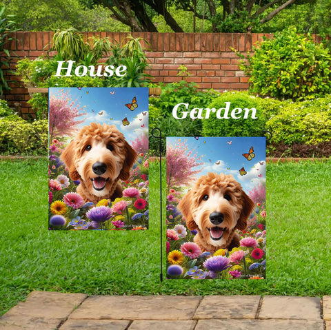 Goldendoodle Red - Best of Breed  Spring Butterflies Outdoor House and Garden Flag