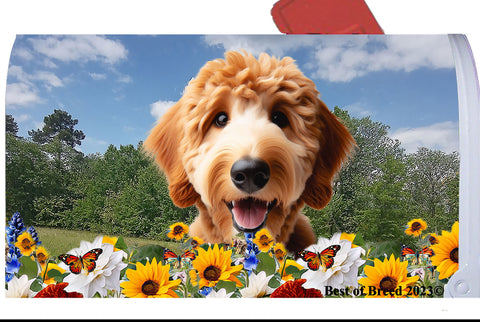 Goldendoodle Red - Best of Breed Summer Flowers Mailbox Cover Hi-Grade Vinyl 6" x 19"