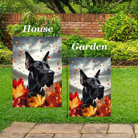 Great Dane Black Cropped - Best of Breed  Fall Leaves Outdoor House and Garden Flag