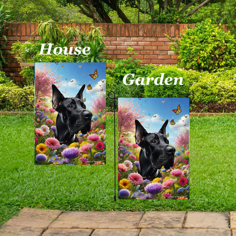 Great Dane Black Cropped - Best of Breed  Spring Butterflies Outdoor House and Garden Flag