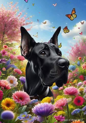 Great Dane Black Cropped - Best of Breed  Spring Butterflies Outdoor House and Garden Flag