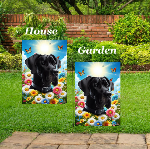 Great Dane Black Uncropped - Best of Breed  Summer Butterflies Outdoor House and Garden Flag