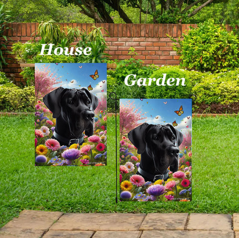 Great Dane Black Uncropped - Best of Breed  Spring Butterflies Outdoor House and Garden Flag