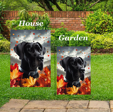 Great Dane Black Uncropped - Best of Breed  Fall Leaves Outdoor House and Garden Flag