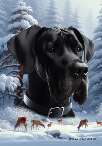 Great Dane Black Uncropped - Best of Breed  Winter Wonderland Outdoor House and Garden Flag