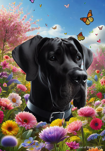 Great Dane Black Uncropped - Best of Breed  Spring Butterflies Outdoor House and Garden Flag