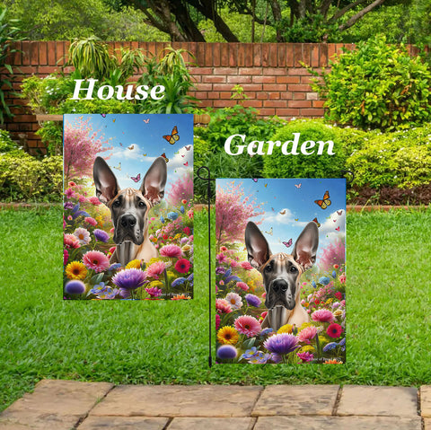 Great Dane Fawn Cropped - Best of Breed  Spring Butterflies Outdoor House and Garden Flag