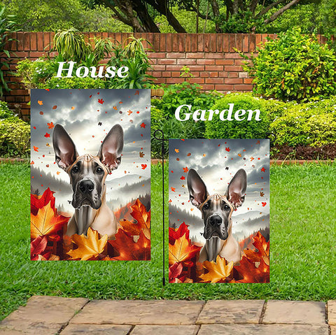 Great Dane Fawn Cropped - Best of Breed  Fall Leaves Outdoor House and Garden Flag