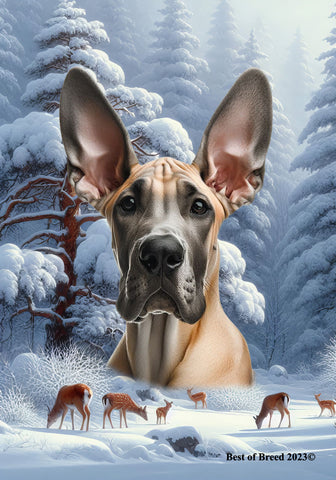 Great Dane Fawn Cropped - Best of Breed  Winter Wonderland Outdoor House and Garden Flag